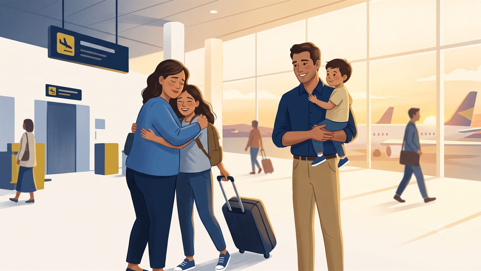 Familia reunida en el aeropuerto tras la reagrupación familiar, con maletas y abrazos