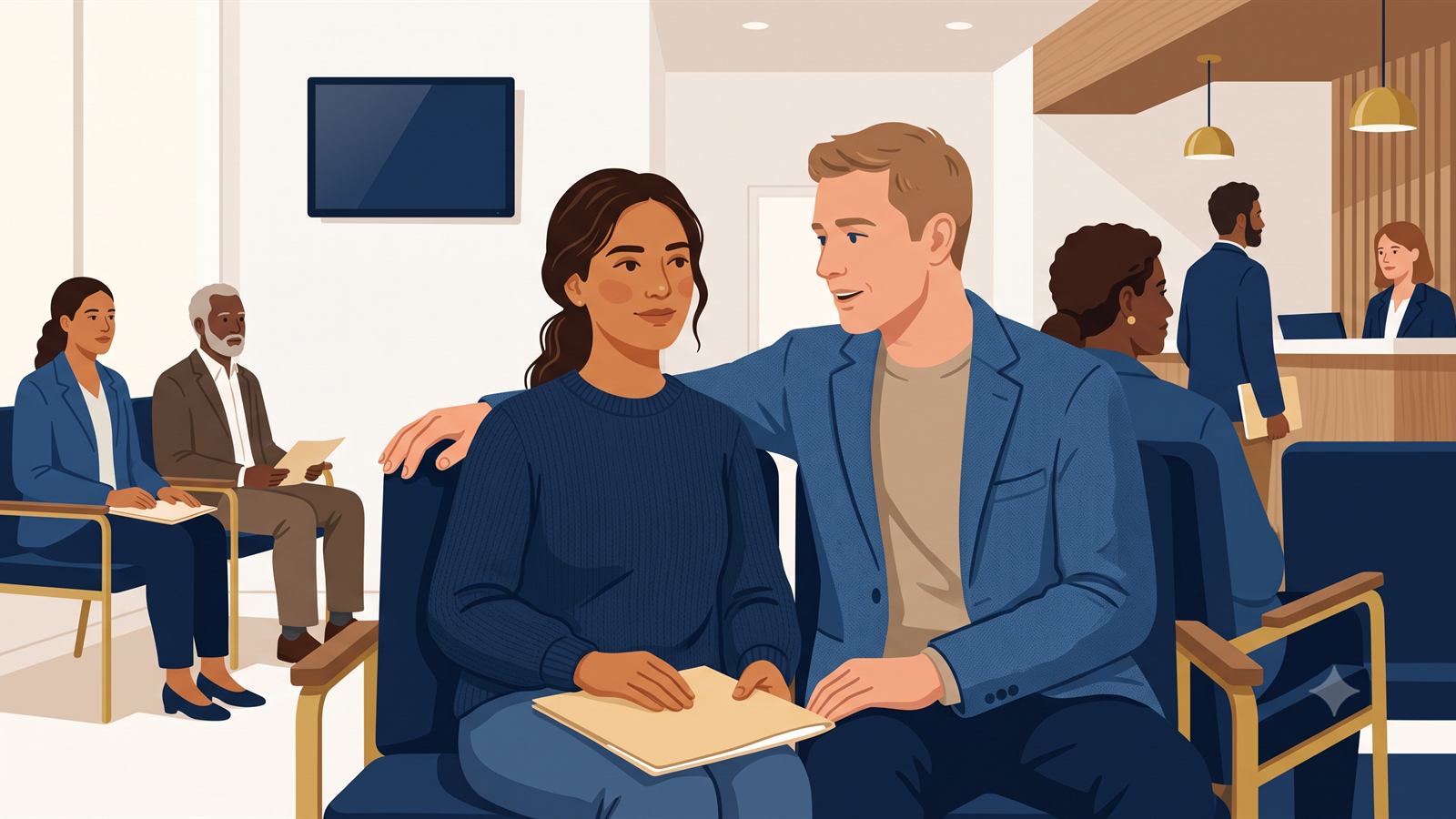 Pareja espera la renovación de su tarjeta comunitaria en la oficina de extranjería