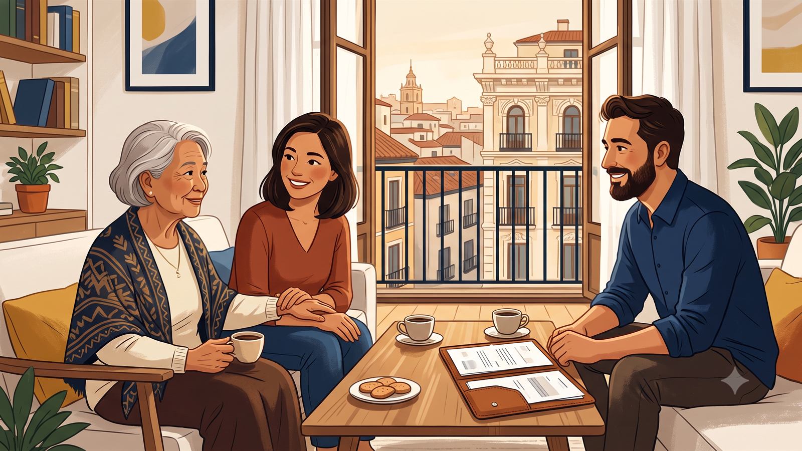 Familia de tres generaciones repasando en casa su residencia de familiar de español