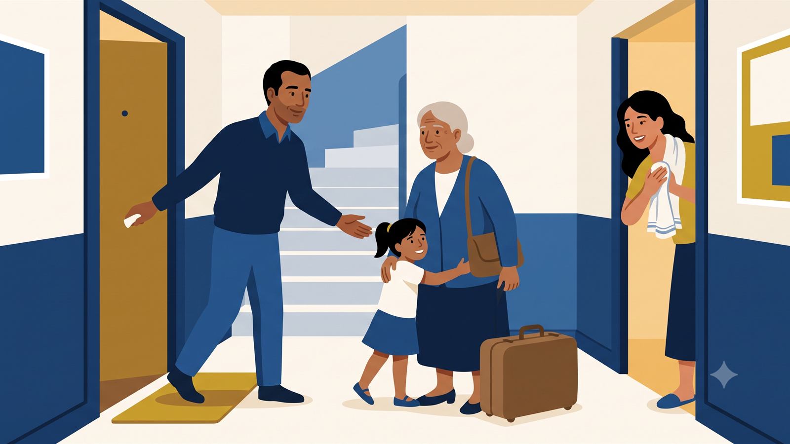 Familia recibiendo a la abuela que viaja con visado Schengen y carta de invitación